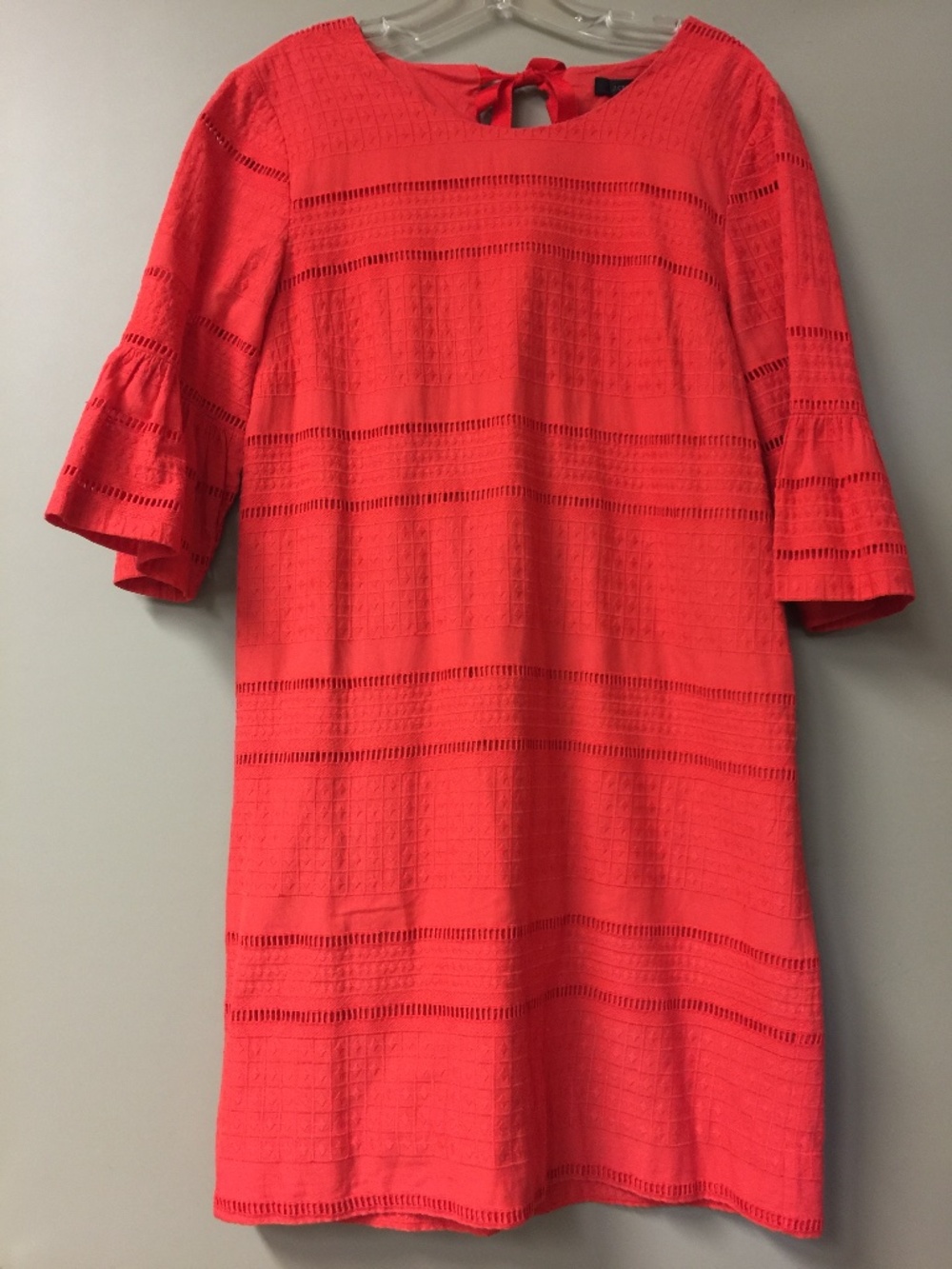 Women's Flutter Sleeve Shift Dress in Eyelet. Red/Orange.
